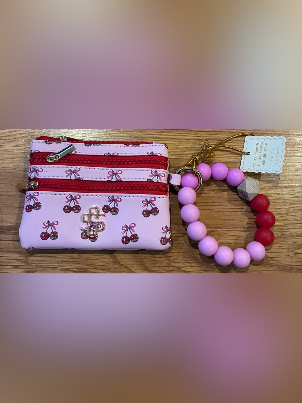 Simply Southern Pink Cherry Print Kids Wristlet with Beaded Keyring